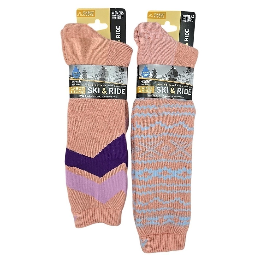 Cabot &‎ Sons Women Ski & Ride 2-pack Long Socks Merino Wool Blend USA NEW